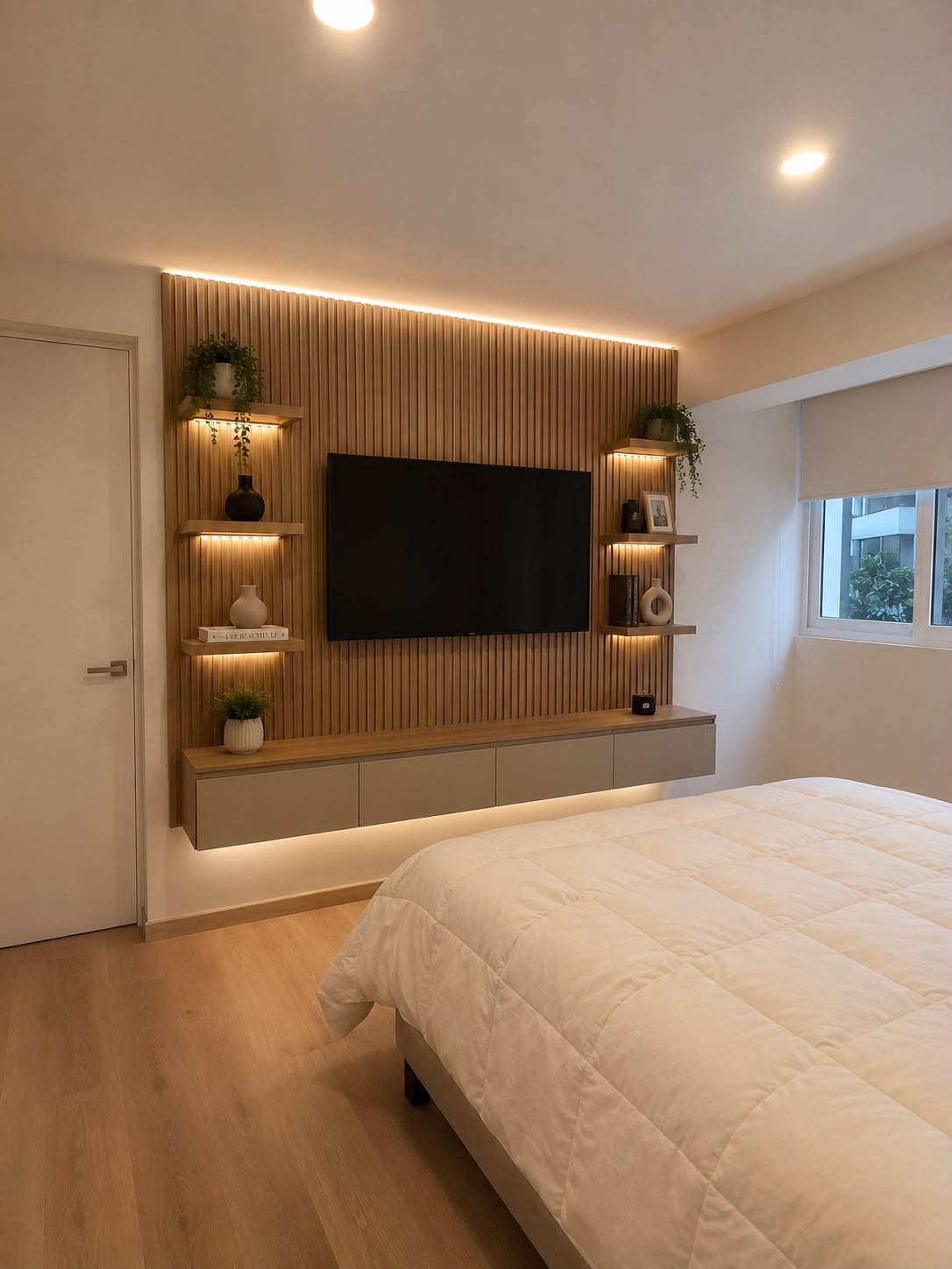 Dormitorio principal — TV y luz cálida